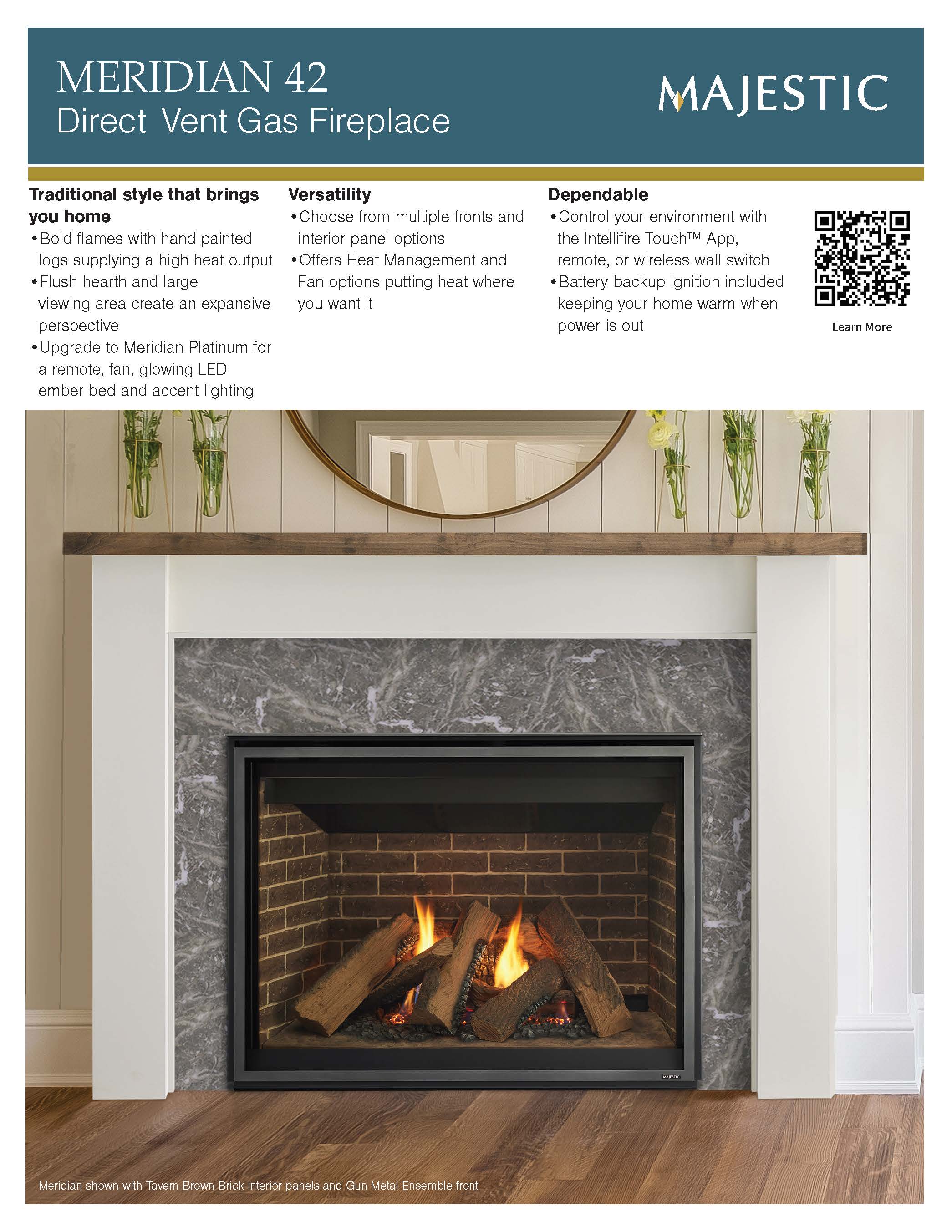 Majestic Meridian 42" Traditional Top/Rear Direct Vent Propane Gas Fireplace With IntelliFire Touch Ignition System