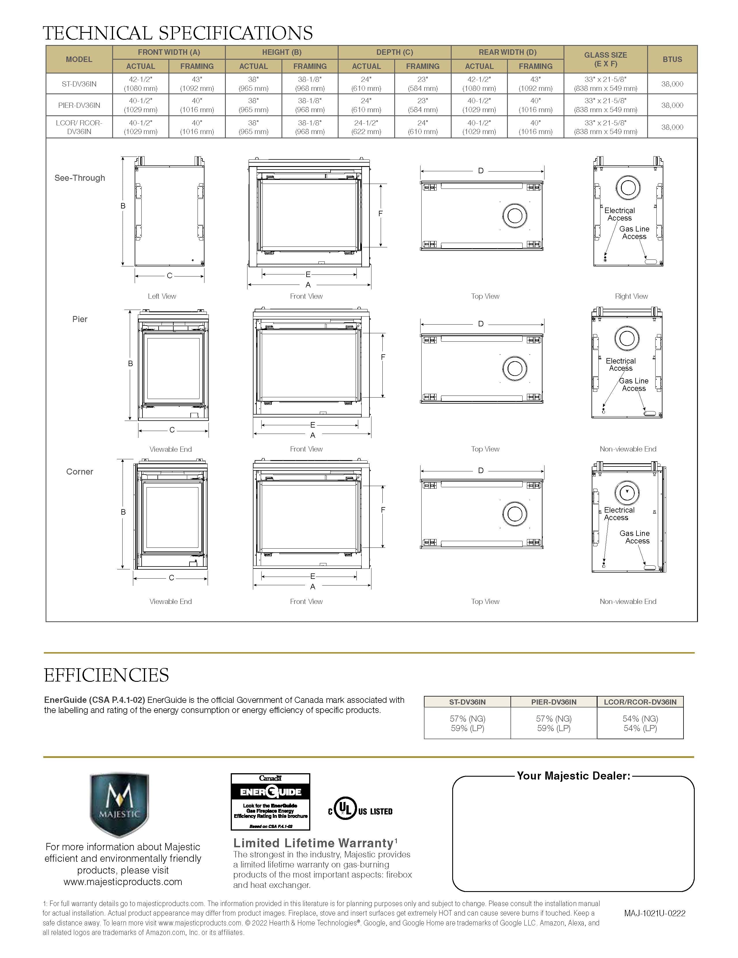 Majestic 36" Right/Left Corner Traditional Direct Vent Gas Fireplace