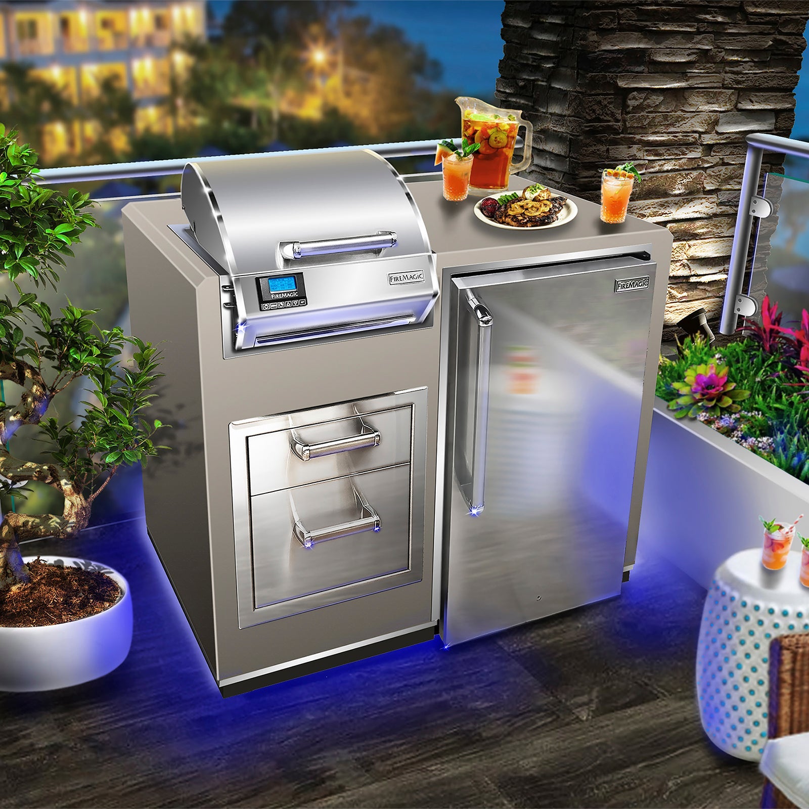 Fire Magic - 36" x 44" Electric Grill Island Bundle w/ Refrigerator ID251-R-44SM