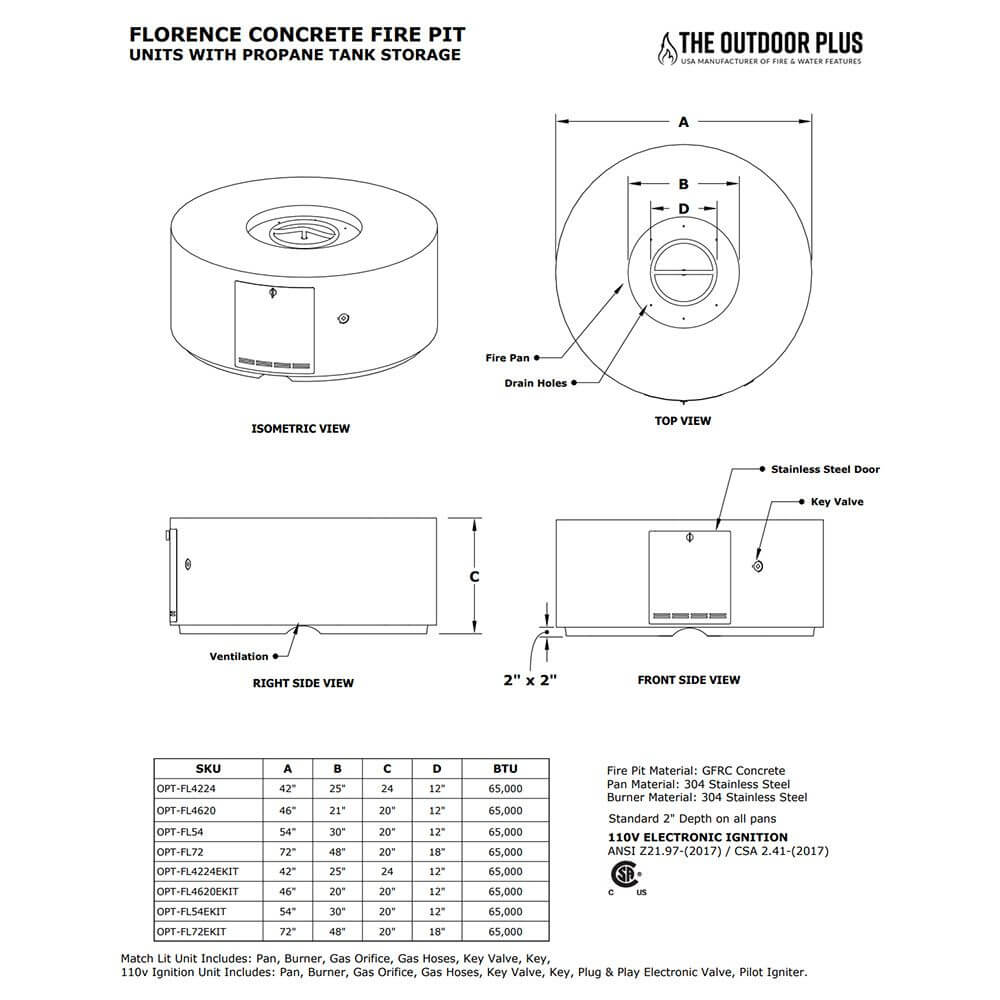 42" Florence Concrete Fire Pit - 24" Tall - OPT-FL4224